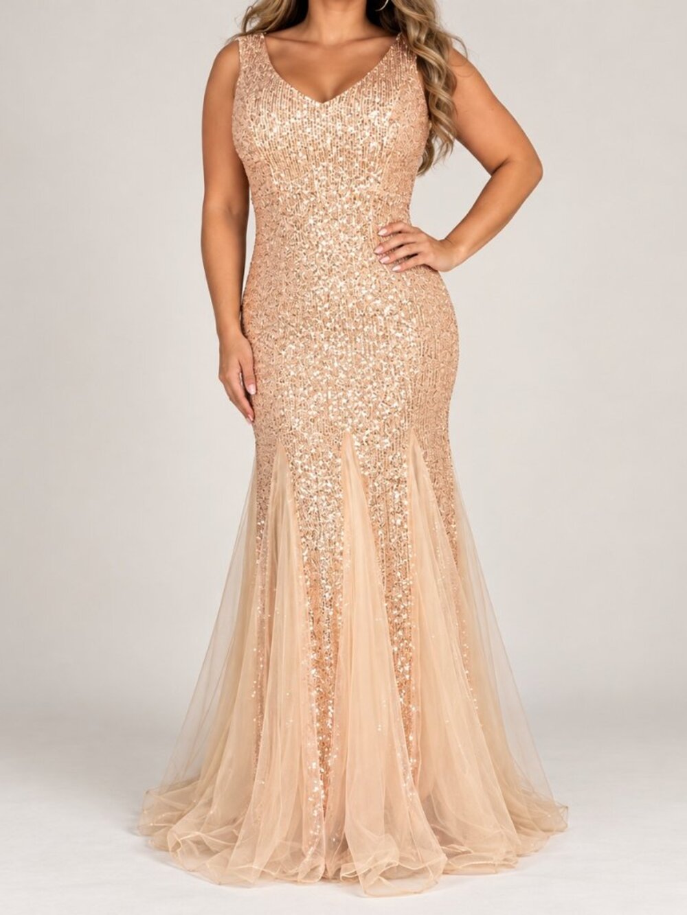 XUCTHHC Gold Sequin Mermaid Gown 2XL NWT V Neck Formal Dress